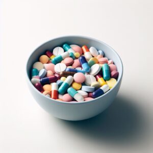 white bowl full of mixed colorful pills and capsules