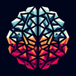 Abstract polygonal brain shape in blue, orange, and red tones on dark background