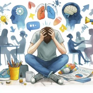 Person experiencing anxiety surrounded by therapy and mental health symbols.