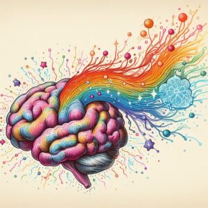 colorful artistic drawing of a human brain with rainbow and abstract patterns