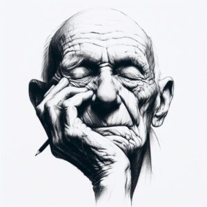 pencil sketch of older man with eyes closed and hand on chin