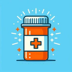 Illustrated prescription bottle with cross symbol on blue background.