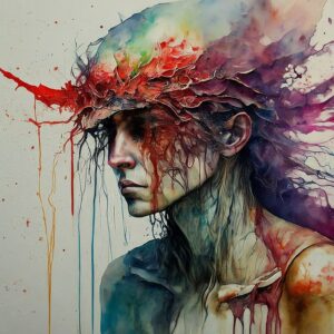 watercolor painting of a person with colorful burst above head