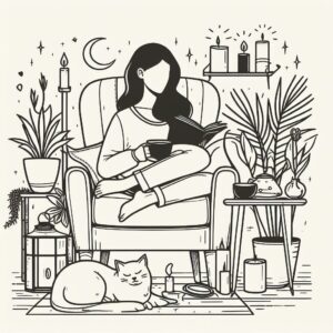 woman reading book in an armchair with a mug, cat at her feet, surrounded by candles and plants