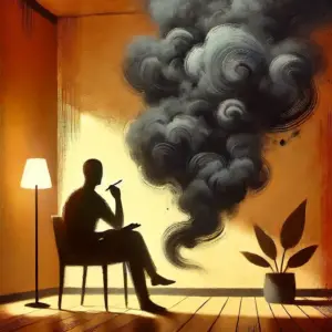 silhouette of person with notebook sitting near swirling dark cloud