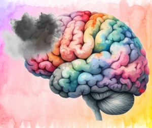 Watercolor brain partly covered by stormcloud, symbolizing mental health challenges