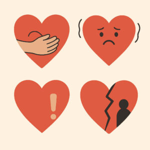 Four illustrated hearts showing comfort, sadness, alertness, and loneliness.