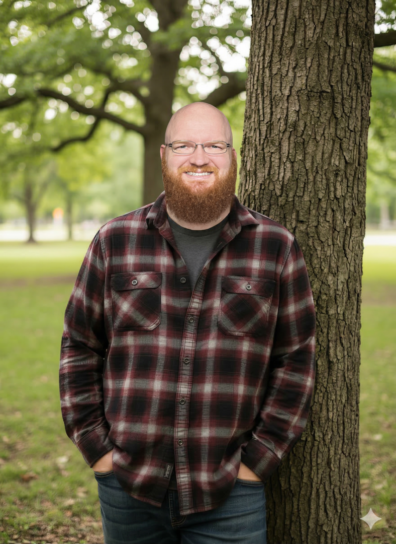 Bearded man with glasses in plaid shirt standing by tree in park.