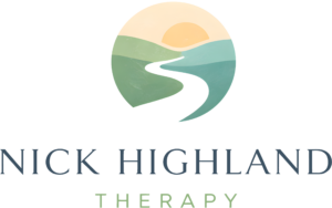 Nick Highland Therapy logo with winding path and sunrise over green hills