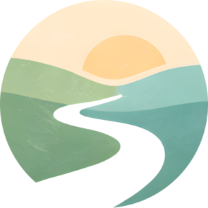 Illustrated winding path with sunrise over rolling hills