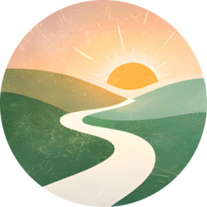 Artistic sunrise over green hills with a winding path