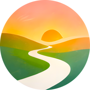 abstract pathway leading toward sunrise over green hills