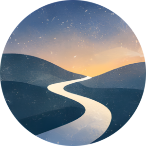 Illustration of a white winding path through blue mountains at sunset