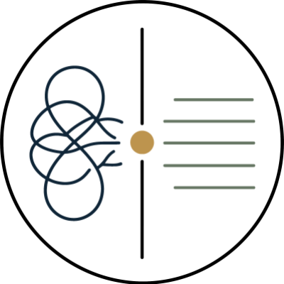 Abstract logo with interconnected navy blue lines and a gold dot